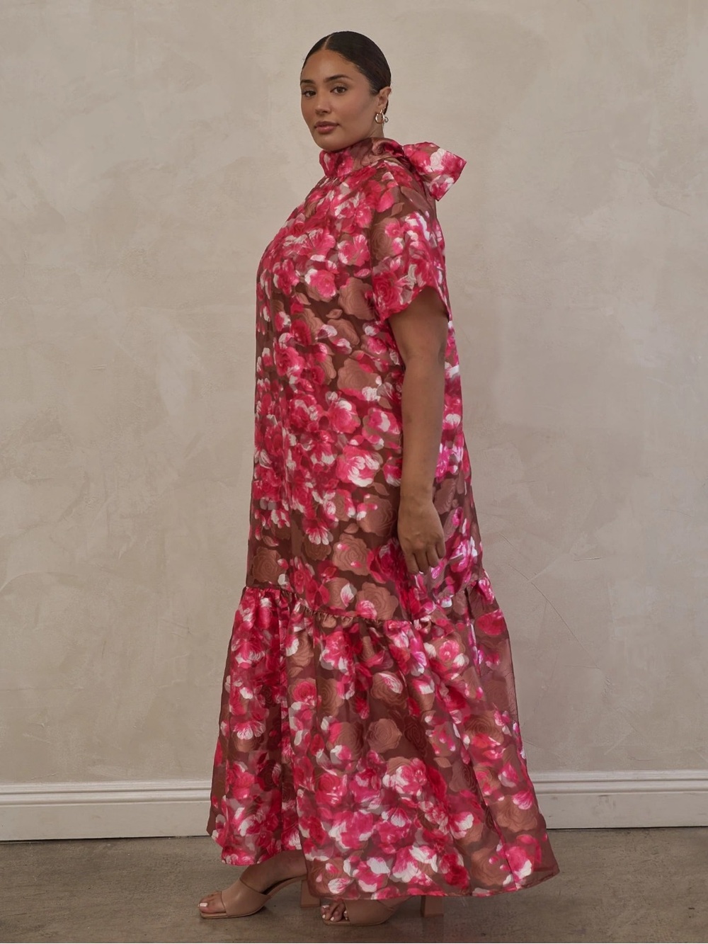 Sugarlips 1X Curve Mersin Floral Dime Organza Mockneck Maxi Dress Brown Pink NWT